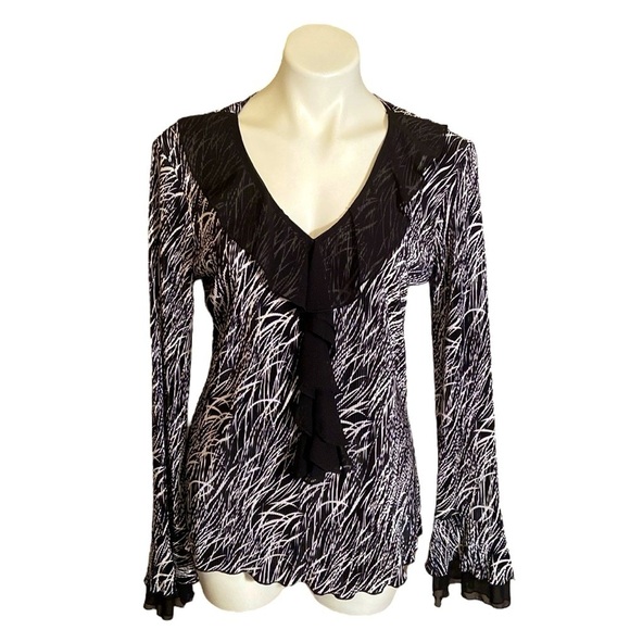 Dressbarn Black And White Ruffle Crepe Long Bell Sleeve Blouse Y2K Going Out Top - Picture 1 of 5